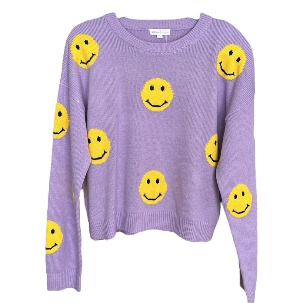 GREY LAB Smiley‎ Face Pullover Sweater Novelty Retro 70s Lavender Size XL